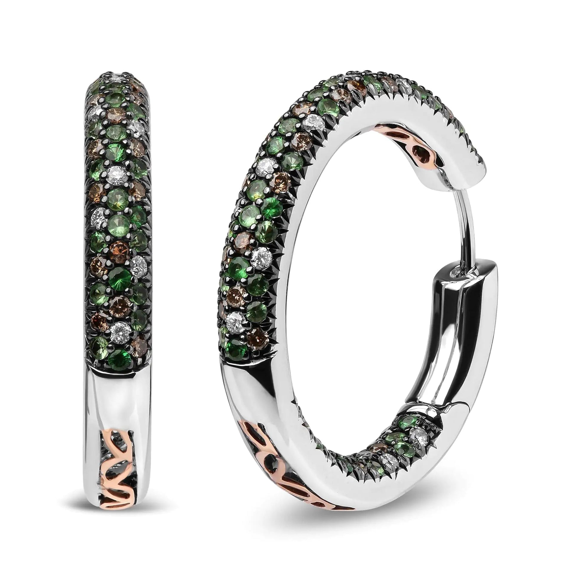 18K White Gold 1.00 Cttw Brown and White Diamond and 1.3mm Round Green Tsavorite Gemstone Inside Outside Hoop Earrings (Brown and G-H Color, SI1-SI2 Clarity) | Fashionsarah.com