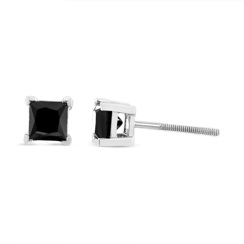 14K White Gold Princess-Cut Treated Black Diamond Classic 4-Prong Stud Earrings | Fashionsarah.com