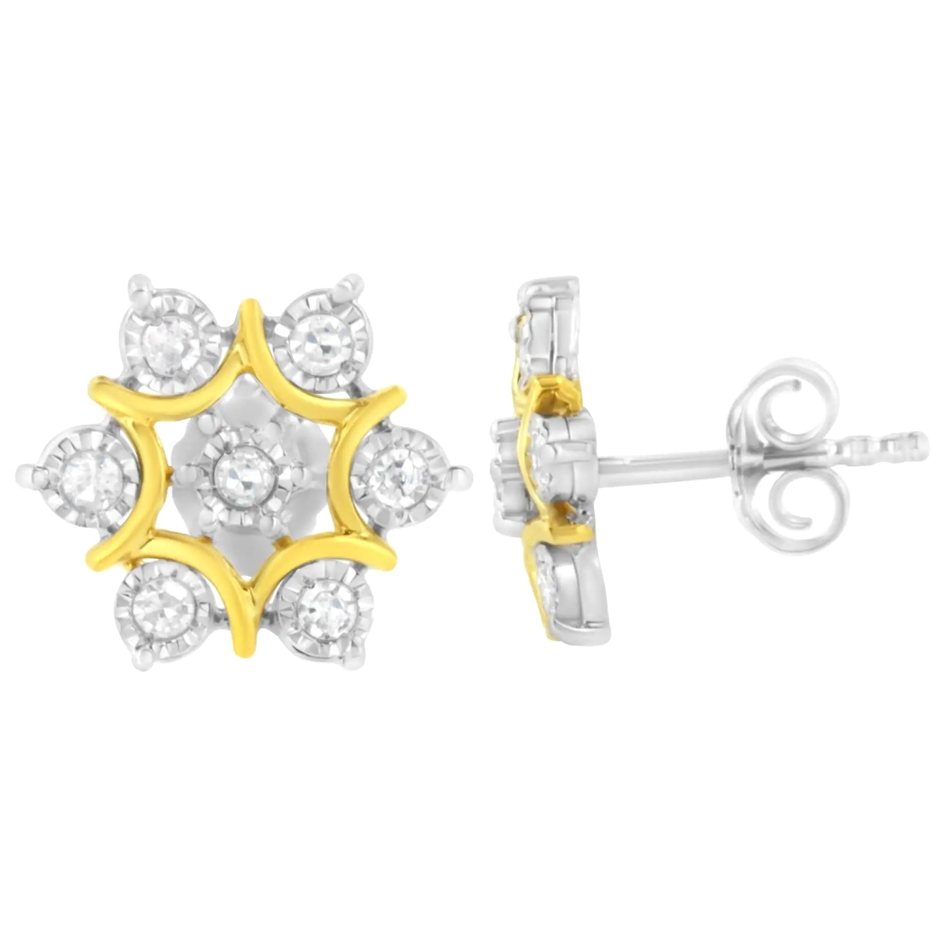 10K Yellow Gold Plated .925 Sterling Silver 1/4 Cttw Miracle Set Round-Cut Diamond Floral Earring (I-J Color, I2-I3 Clarity) | Fashionsarah.com