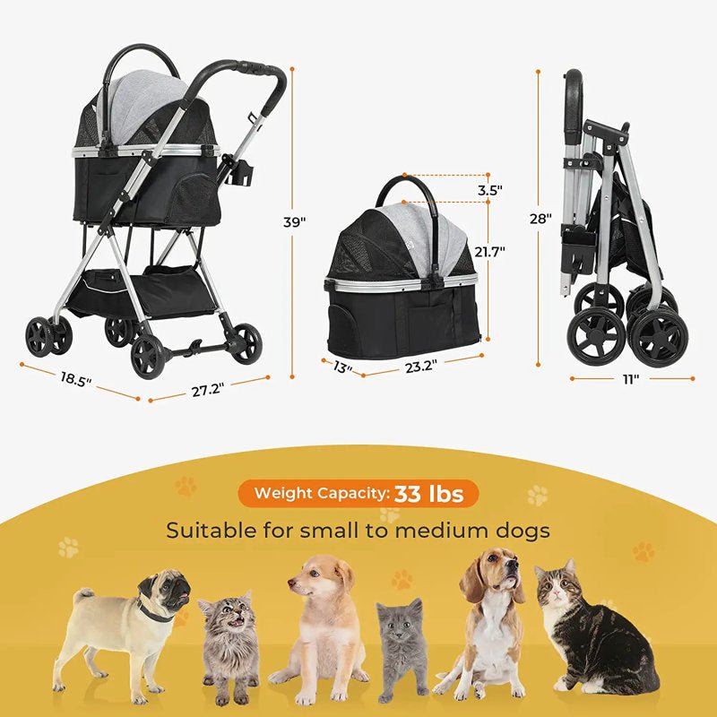 Fashionsarah.com Pet Stroller Premium 3-in-1 For Medium Small Dogs Cats, Zipperless Dual Entry, Dog Stroller With Detachable Carrier, Foldable Travel Jogging Strolling Cart With Storage Basket