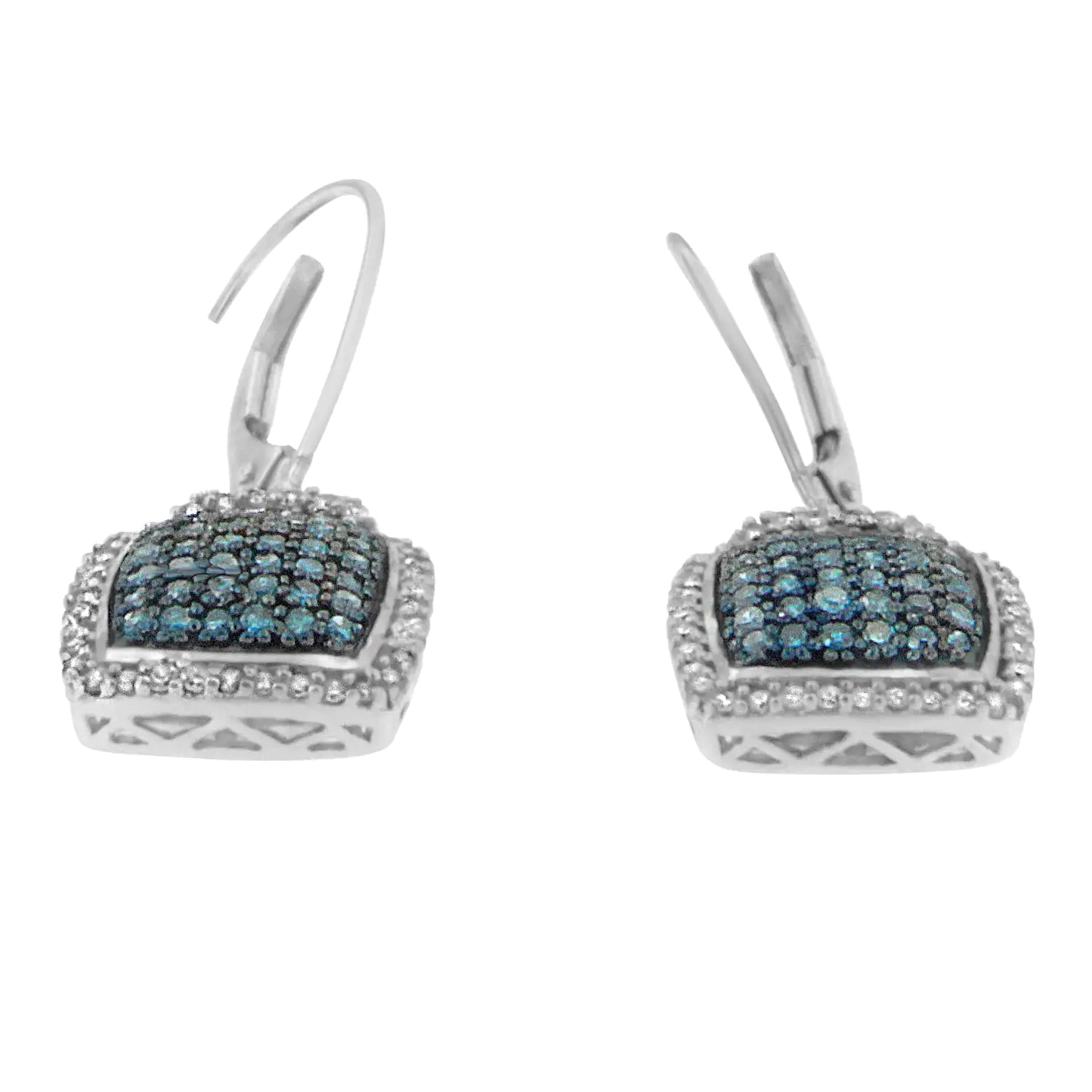 Black Rhodium over .925 Sterling Silver ¾ Cttw Blue and White Diamond Cushion Shaped Dangle Earrings (Enhanced Blue & I-J Color, I2-I3 Clarity) | Fashionsarah.com