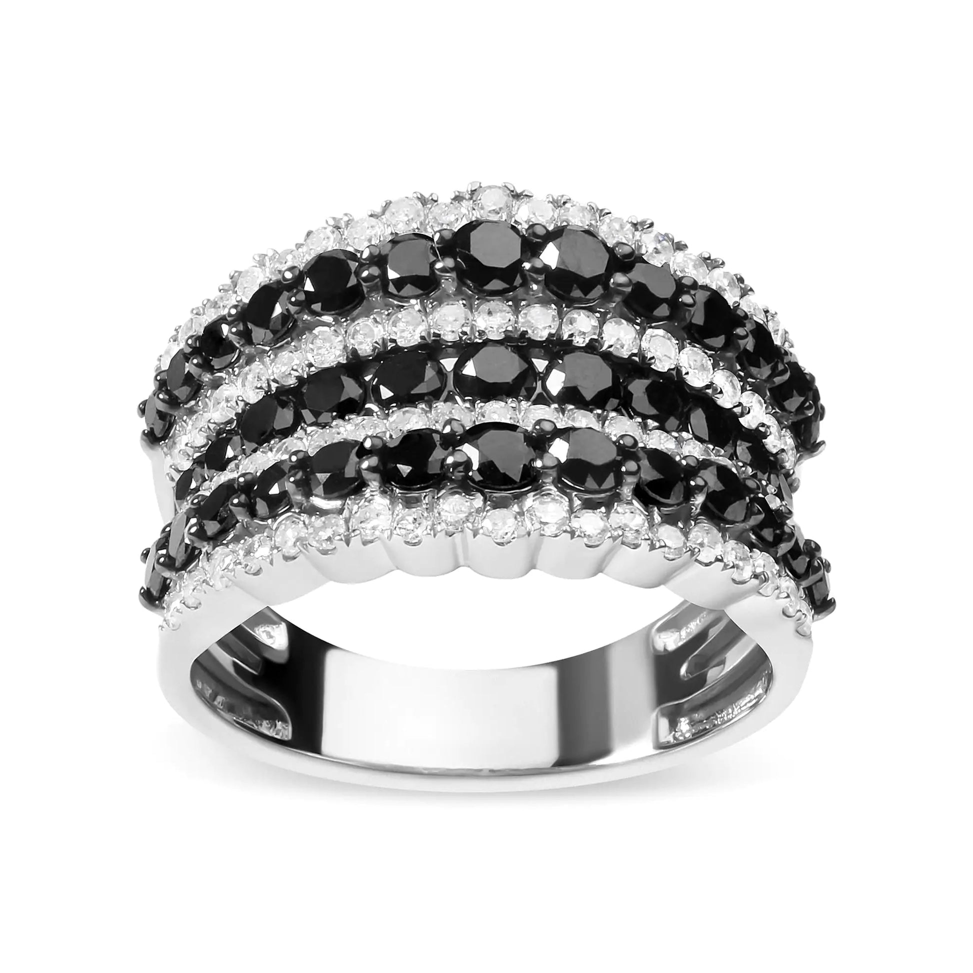 .925 Sterling Silver 1 3/4 Cttw Treated Black and White Alternating Diamond Multi Row Band Ring (Black / I-J Color, I2-I3 Clarity) | Fashionsarah.com