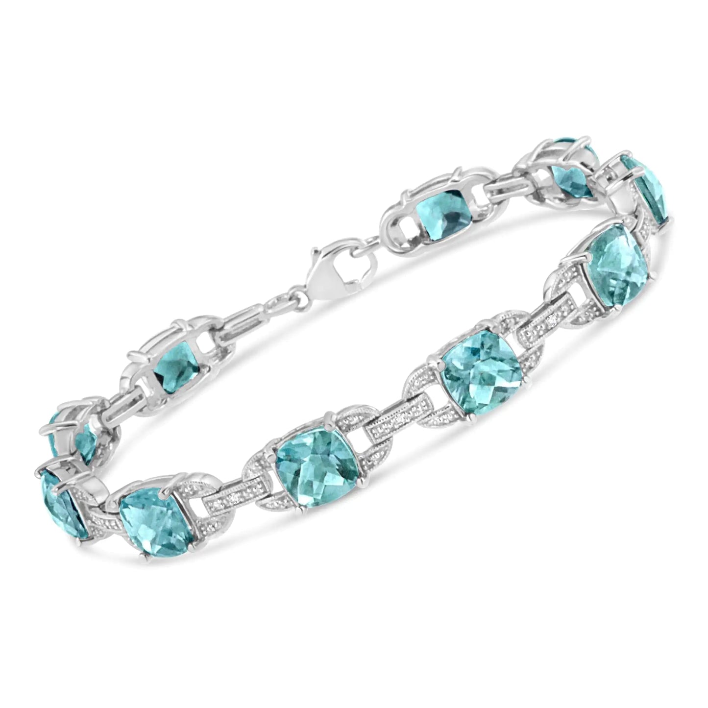 .925 Sterling Silver 7x7 mm Cushion Cut Blue Topaz and 1/20 cttw Round Cut Diamond Fashion Tennis Bracelet (I-J Color, I1-I2 Clarity) - 7" | Fashionsarah.com