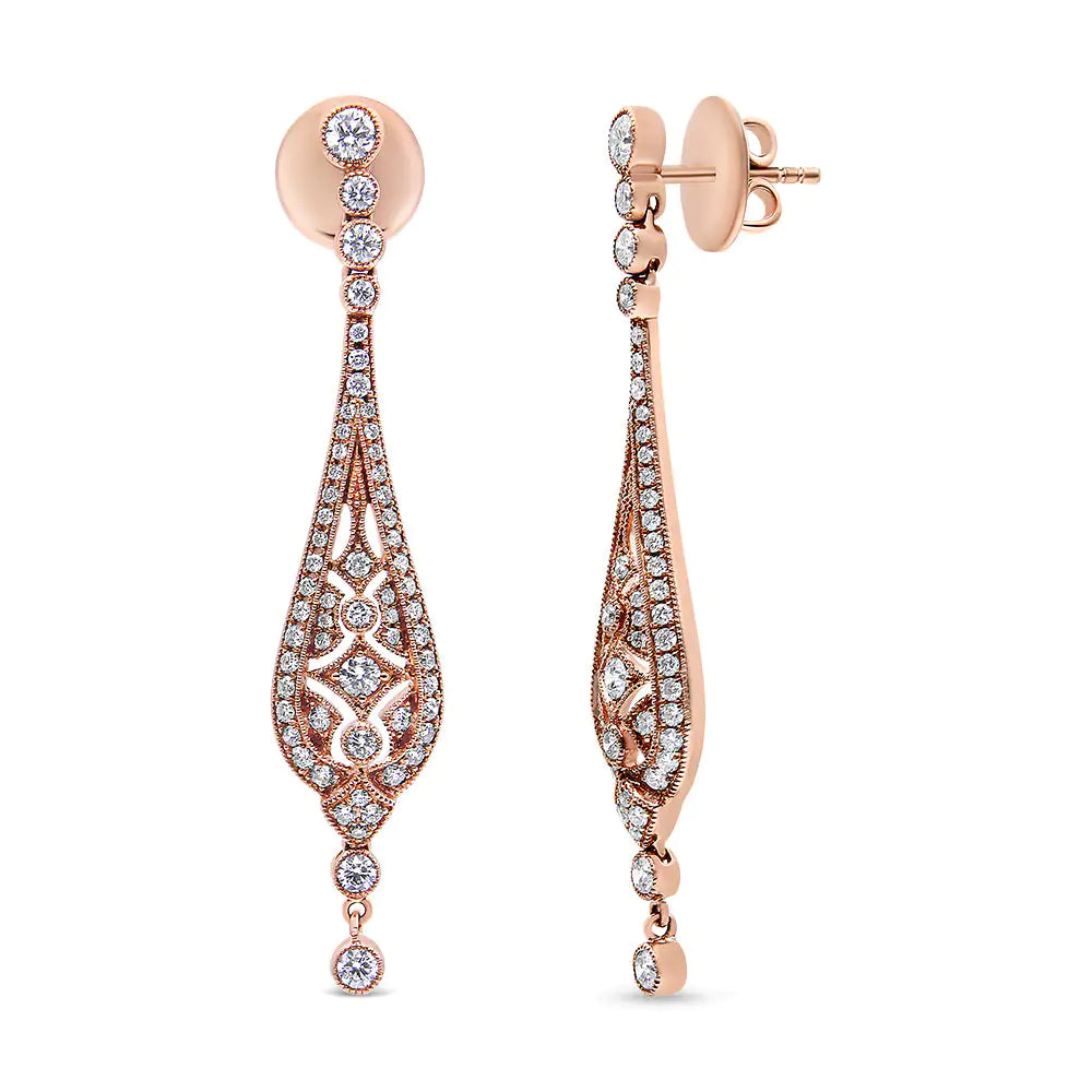 18K Rose Gold 1 3/4 Cttw Diamond Milgrain Edged Vintage Art Deco Style Drop and Dangle Earring (F-G Color, VS1-VS2 Clarity) | Fashionsarah.com