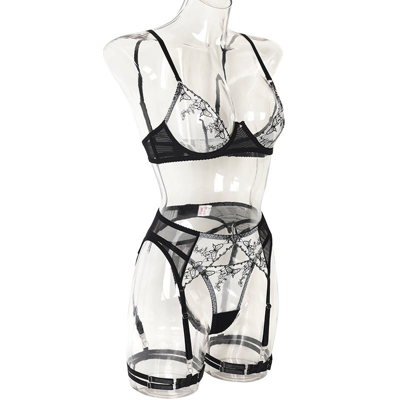 Fashionsarah.com Lingerie Floral Embroidery Bra with Garter Set