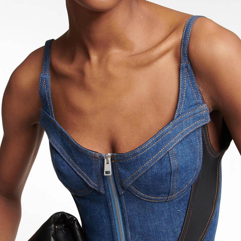 Denim Square Collar Bodysuits | Fashionsarah.com