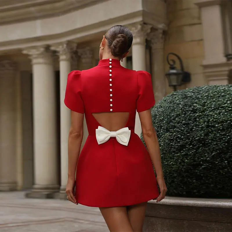 Red Mini Dress with Bow and Pad Shoulder