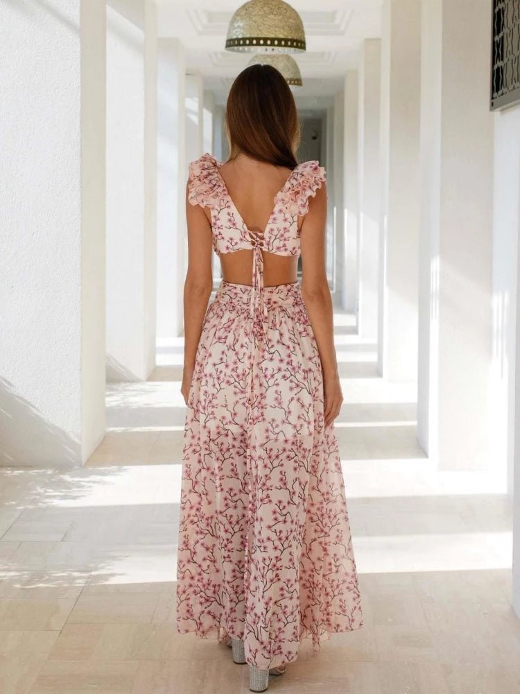 Ruffle Floral Split Long Dress Vacation Party Beach | Fashionsarah.com