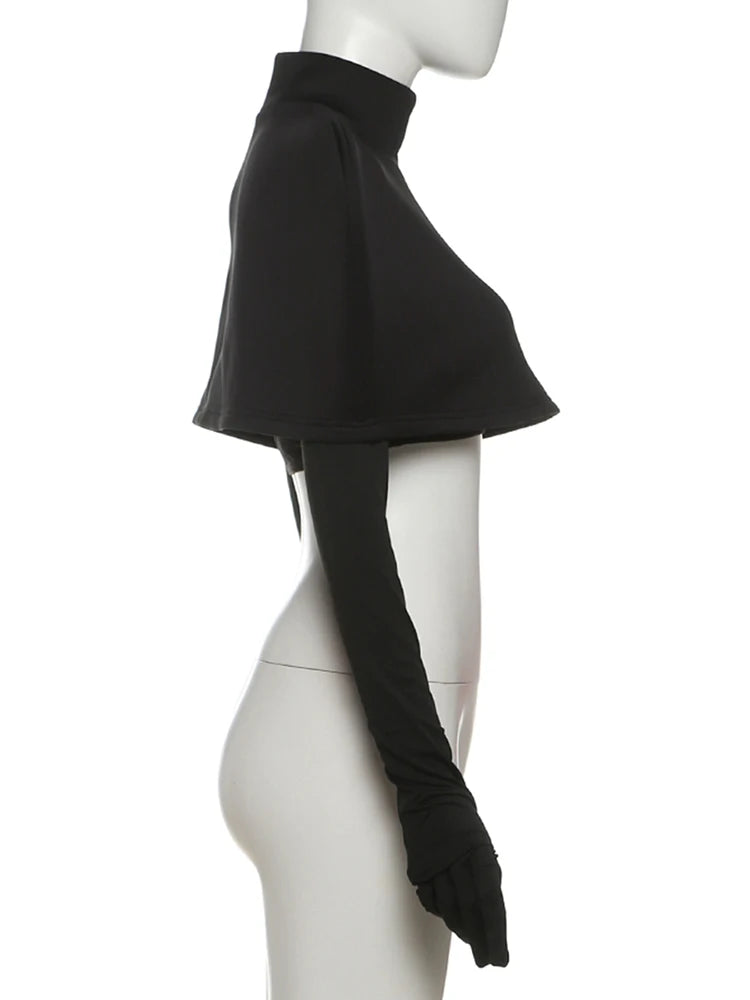 Turtleneck Top and Crop Top with Gloves Set