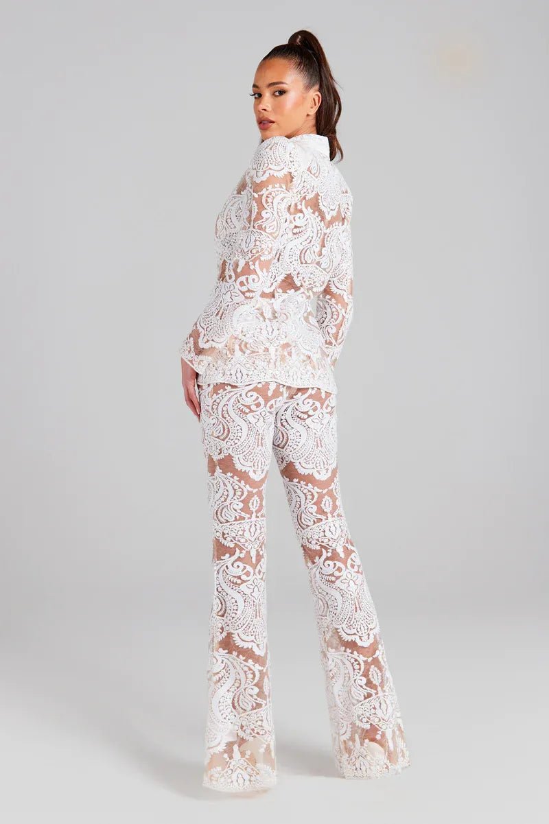 Fashionsarah.com Single Button Guipure Lace Sequined Blazer Pants Suit