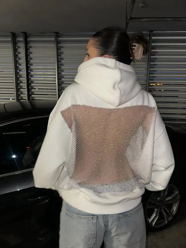 Mesh Rhinestone Backless Hoodie Top