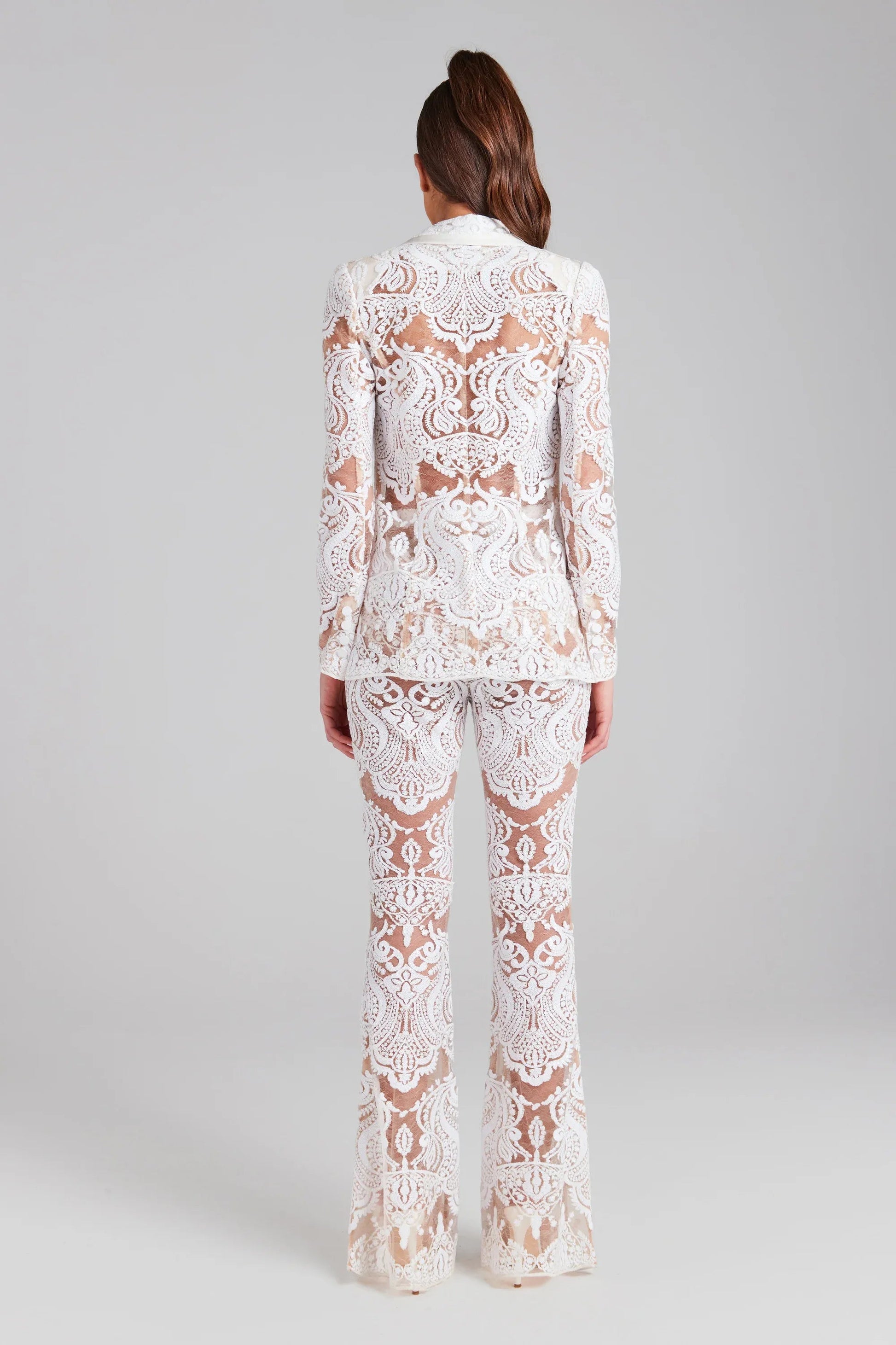 Fashionsarah.com Single Button Guipure Lace Sequined Blazer Pants Suit