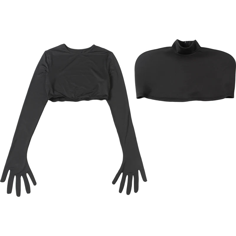 Turtleneck Top and Crop Top with Gloves Set
