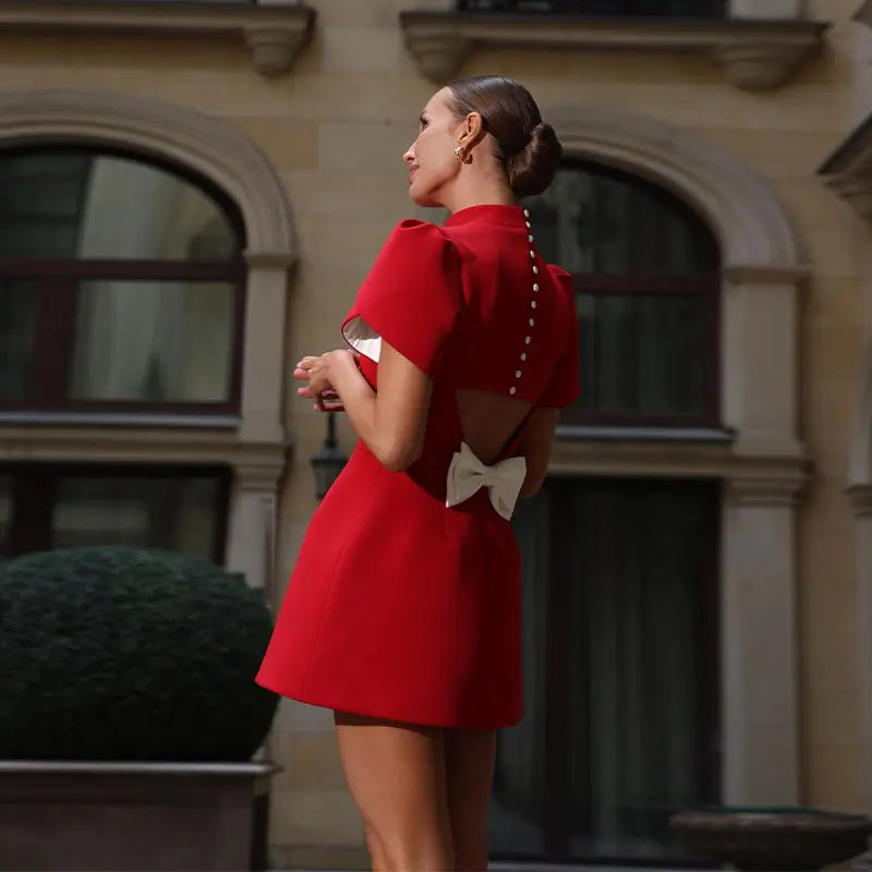 Red Mini Dress with Bow and Pad Shoulder