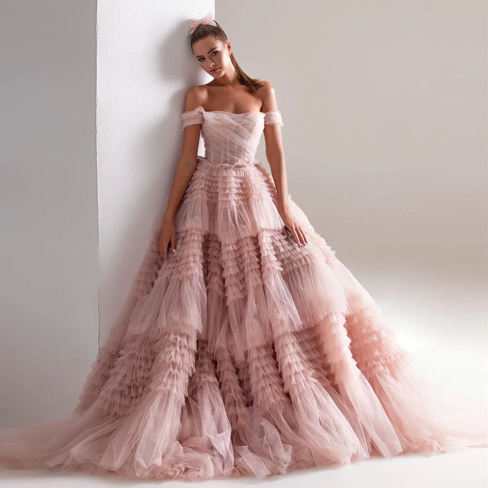 Fashionsarah.com Pink Off Shoulder Ruffles Wedding Dress