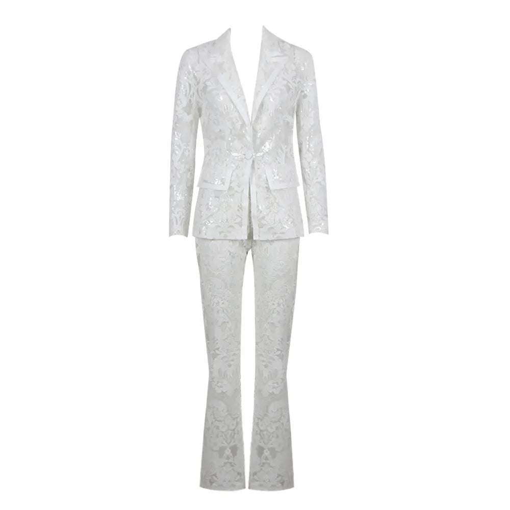 Fashionsarah.com Single Button Guipure Lace Sequined Blazer Pants Suit