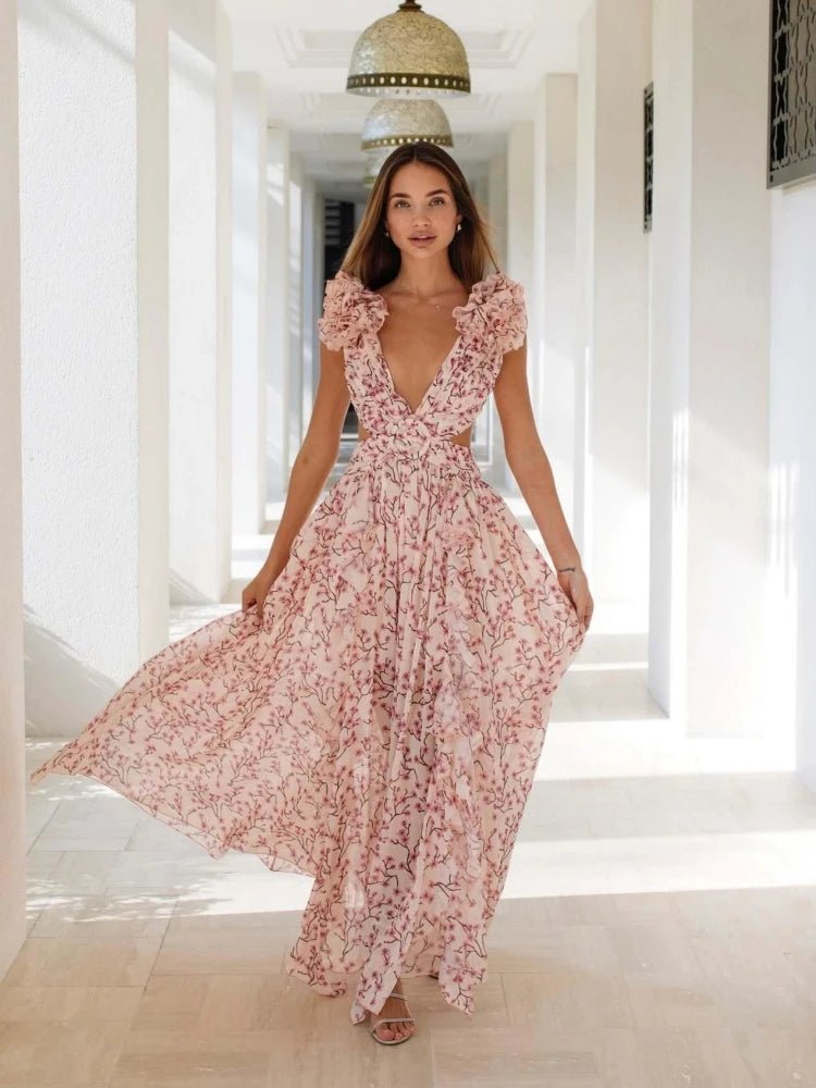 Ruffle Floral Split Long Dress Vacation Party Beach | Fashionsarah.com