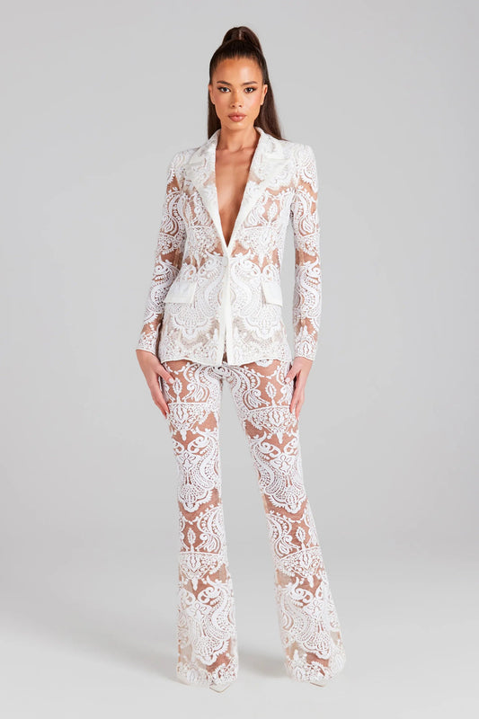 Fashionsarah.com Single Button Guipure Lace Sequined Blazer Pants Suit