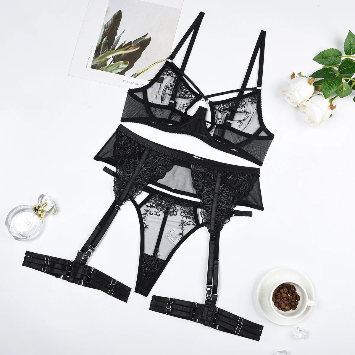 See-Through Embroidery Sexy Bra Cross Gather 4 Pieces | Fashionsarah.com