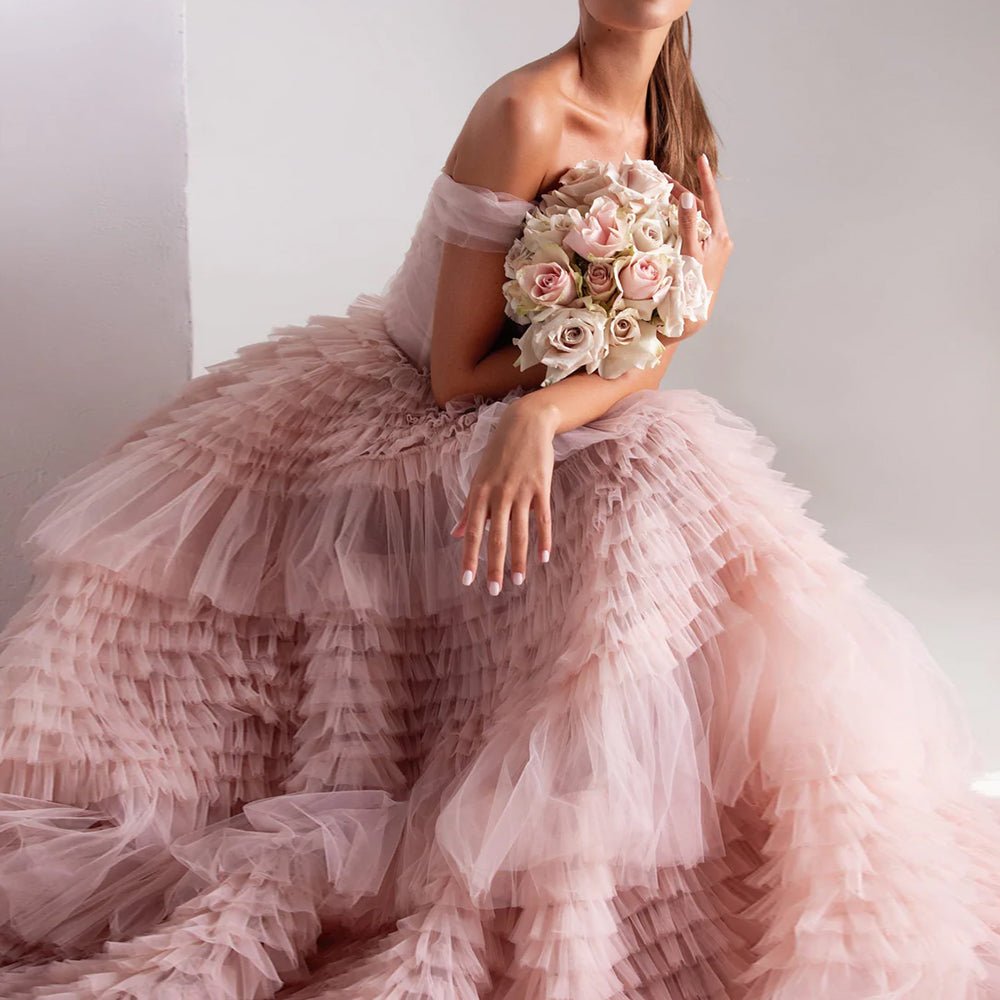Fashionsarah.com Pink Off Shoulder Ruffles Wedding Dress