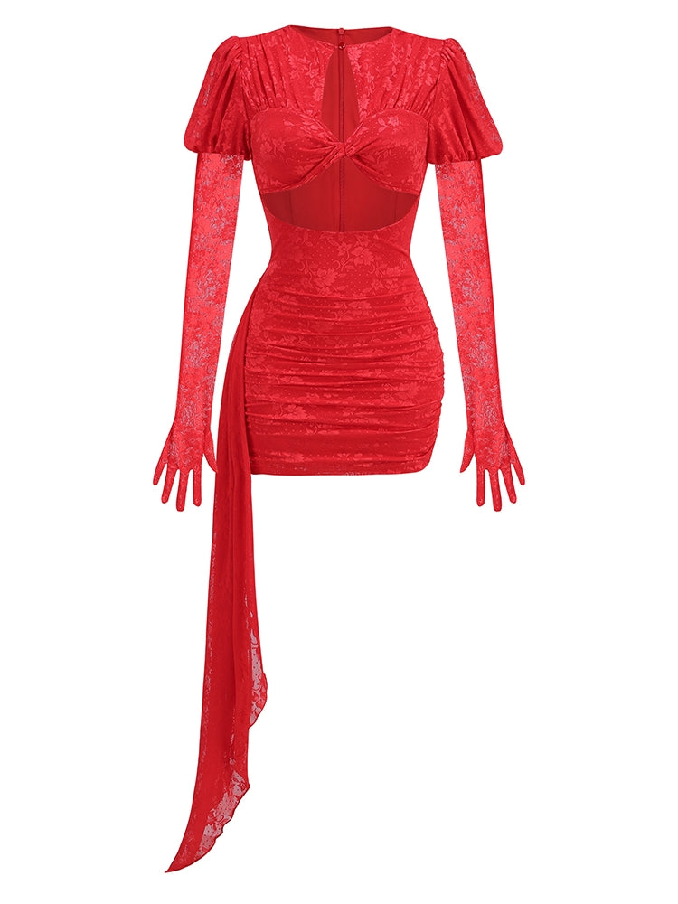 New Gloves Long Sleeves Cutout Pleated Draped Mini Dress | Fashionsarah.com