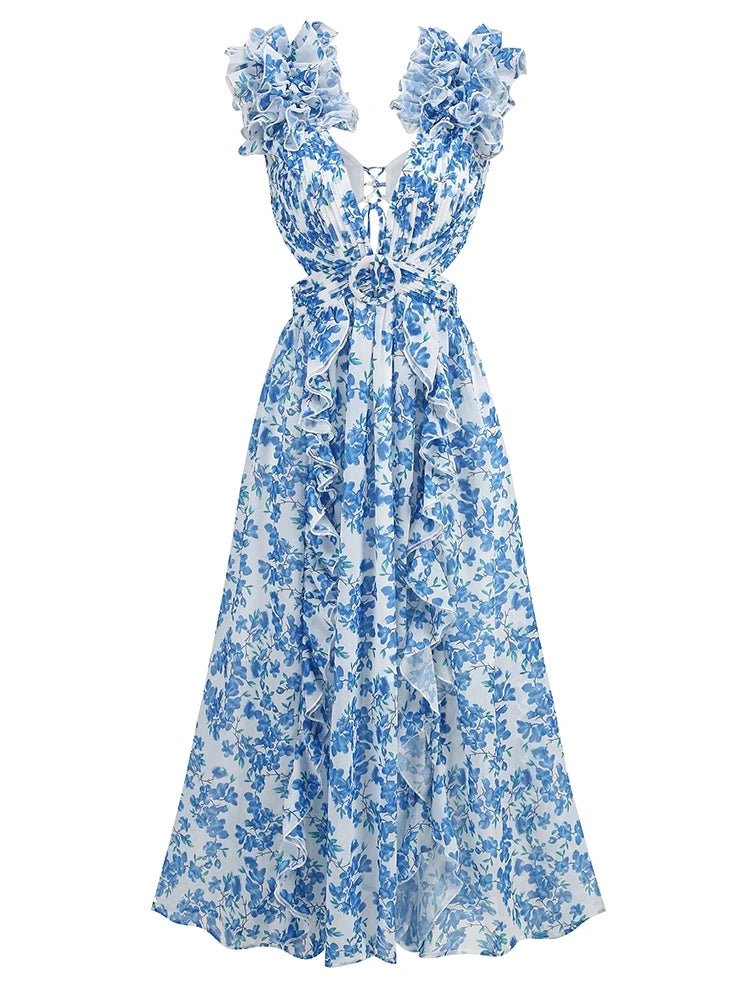 Ruffle Floral Split Long Dress Vacation Party Beach | Fashionsarah.com