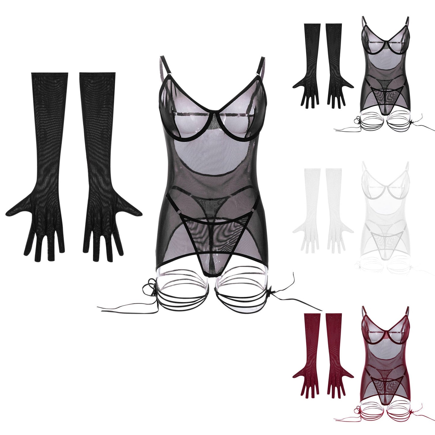 Fashionsarah.com Fashionsarah.com Erotic Strappy Bodycon Babydoll, G-String+Gauntlet Set 4pcs