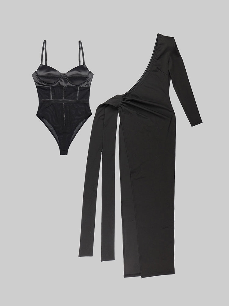 Evening Long Split Dress with Mesh Bodysuit | Fashionsarah.com