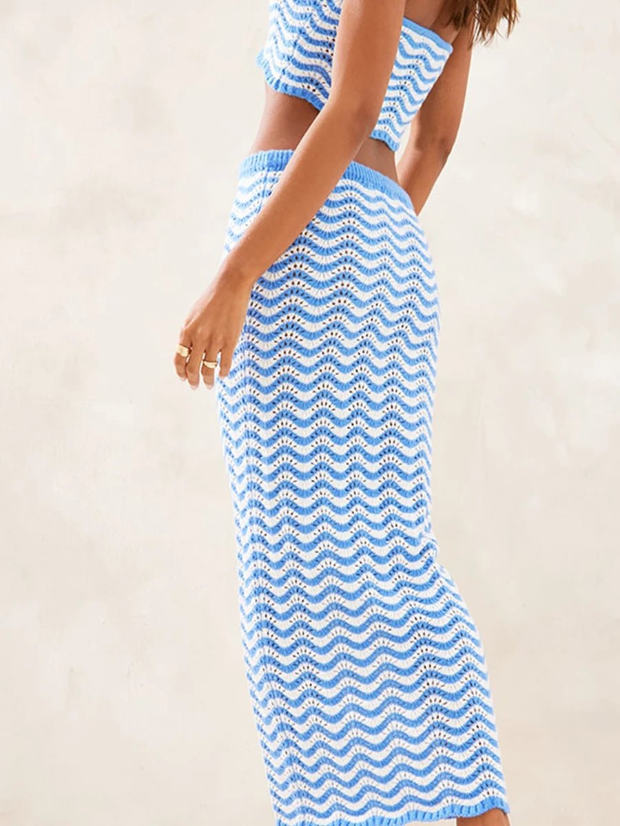 Strapless Knit Crop Tube Tops+Long Skirt Beachwear Sets | Fashionsarah.com