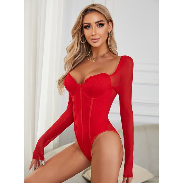 Long Sleeve Tie Up Sexy Bodysuit