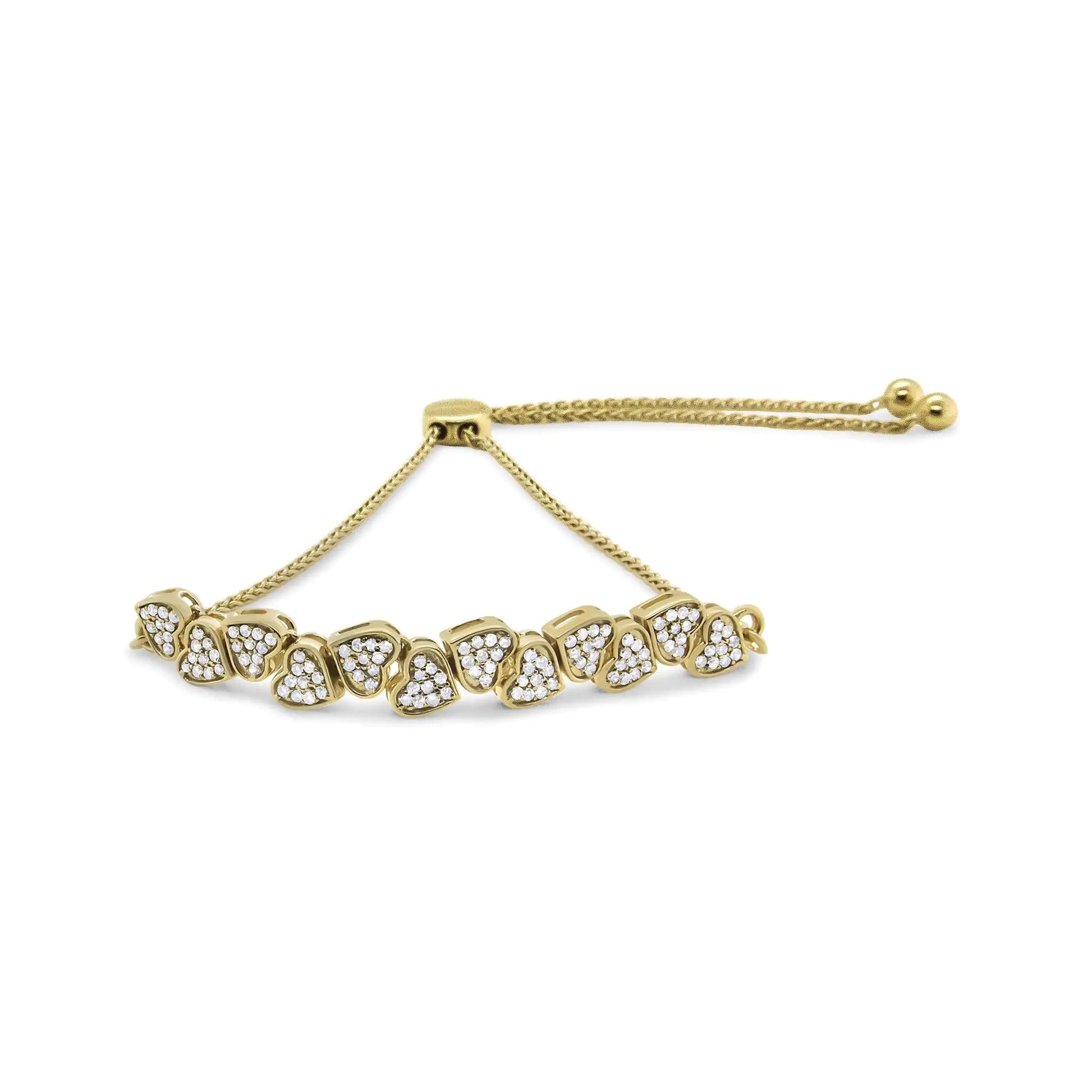 Yellow Gold Plated .925 Sterling Silver 1/2 Cttw Diamond Sideways Hearts Bolo Bracelet (H-I Color, I1-I2 Clarity) - 4”-10” Adjustable | Fashionsarah.com