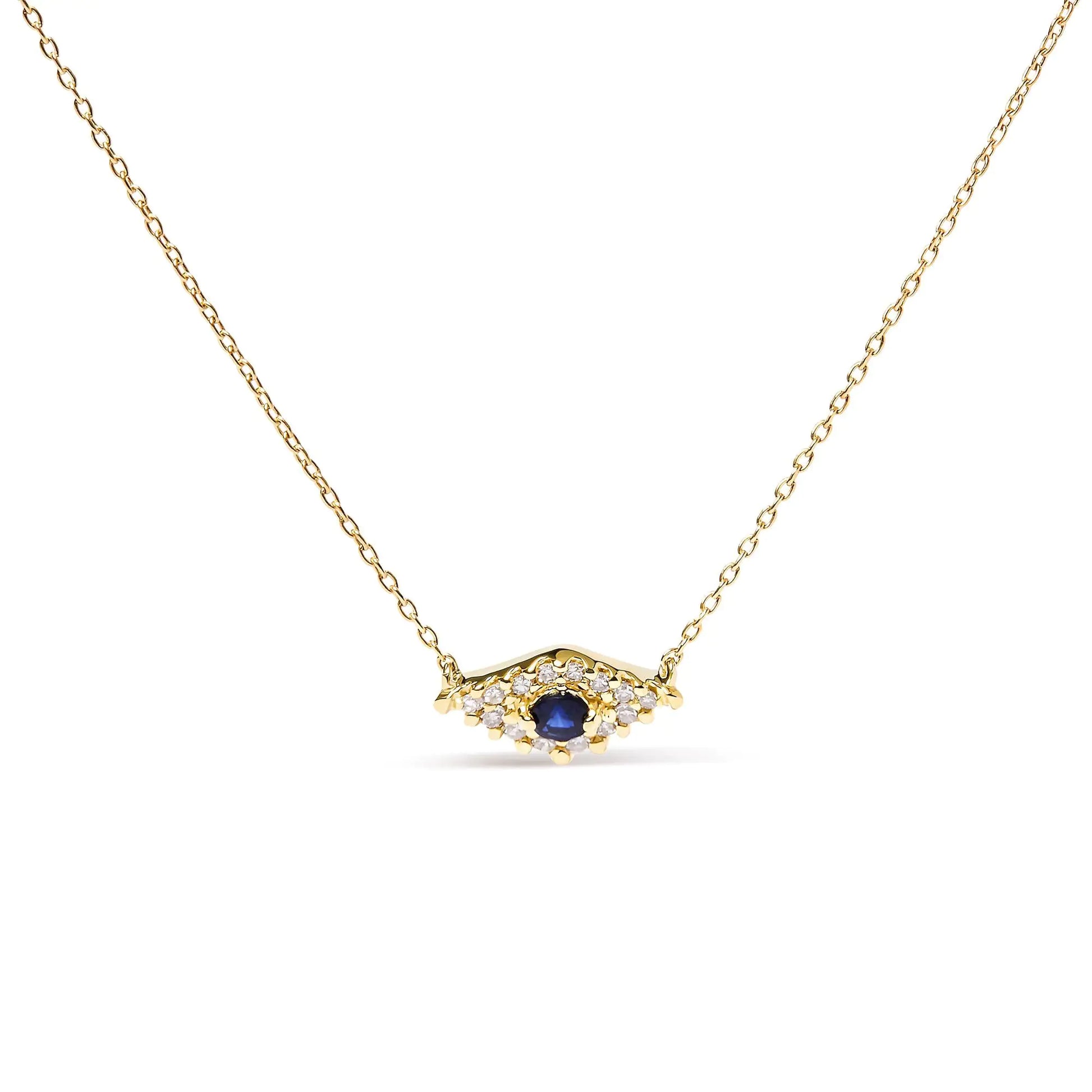 10K Yellow Gold Blue Sapphire and Diamond Accented Evil Eye 18" Inch Pendant Necklace (H-I Color, I1-I2 Clarity) | Fashionsarah.com