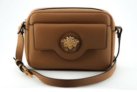 Versace Elegant Brown Leather Camera Case Shoulder Bag | Fashionsarah.com