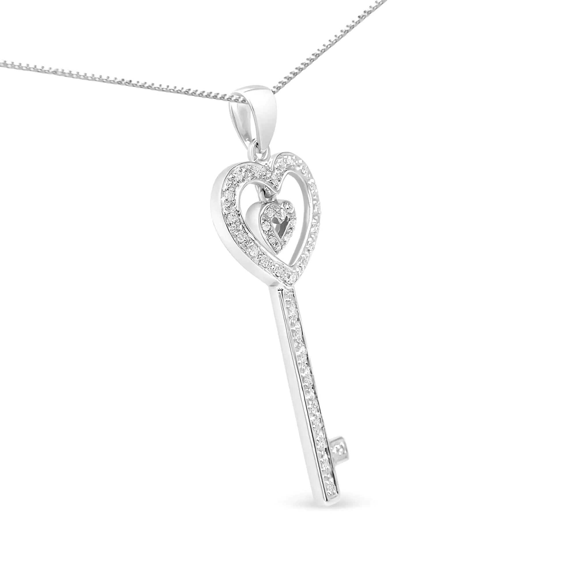 .925 Sterling Silver 1/5 Cttw Round-Cut Diamond Double Heart & Key 18" Pendant Necklace (I-J Color, I3 Clarity) | Fashionsarah.com