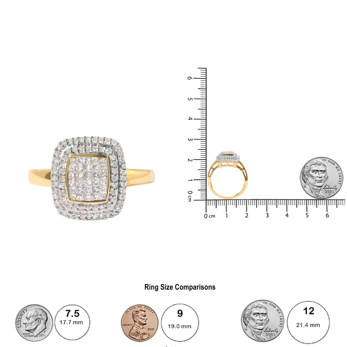 10K Yellow Gold 1/2 cttw Round and Princess Diamond Composite Head and Halo Ring (H-I Color, SI1-SI2 Clarity) | Fashionsarah.com