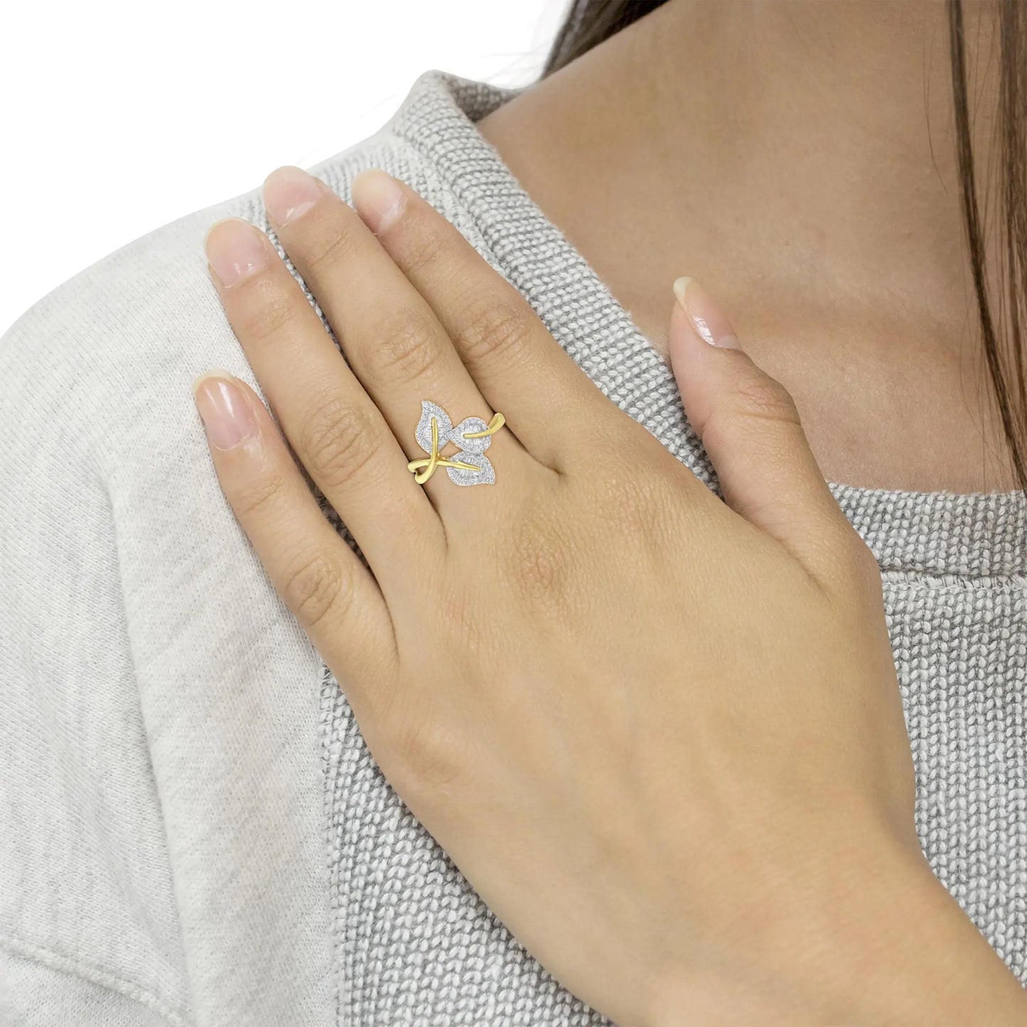 18K Yellow and White Gold Plated .925 Sterling Silver 3/8 Cttw Baguette and Round Diamond Bypass Triple Leaf Ring (I-J Color, I1-I2 Clarity) | Fashionsarah.com