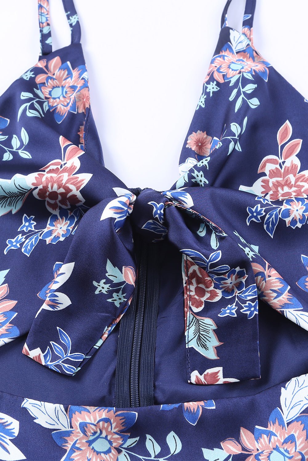 Blue Floral Print Bust Knot Long Dress with Slit | Fashionsarah.com