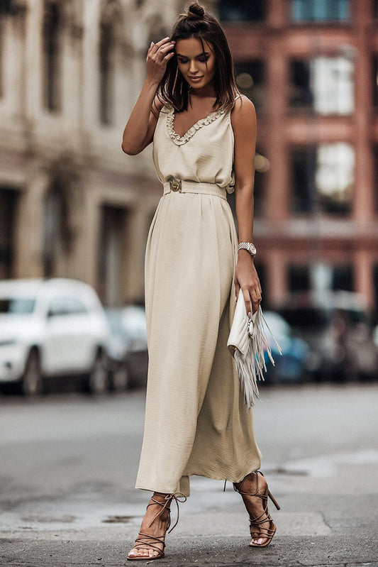 Fashionsarah.com Apricot V Neck Sleeveless Maxi Dress with Elastic Belt