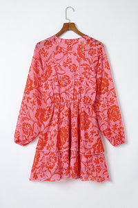 Red Floral Ruffle Layered Puff Sleeve Surplice Dress | Fashionsarah.com