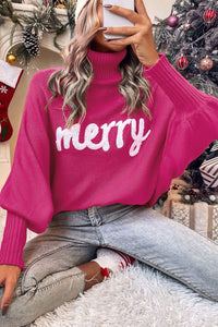Rose Merry Letter Embroidered High Neck Sweater | Fashionsarah.com