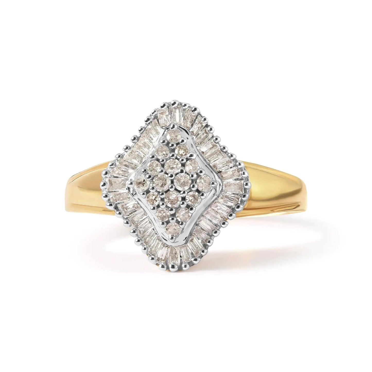 10K Yellow Gold 1/2 Cttw Round And Baguette-cut Diamond Rhombus Head and Halo Ring (I-J Color, I1-I2 Clarity) | Fashionsarah.com