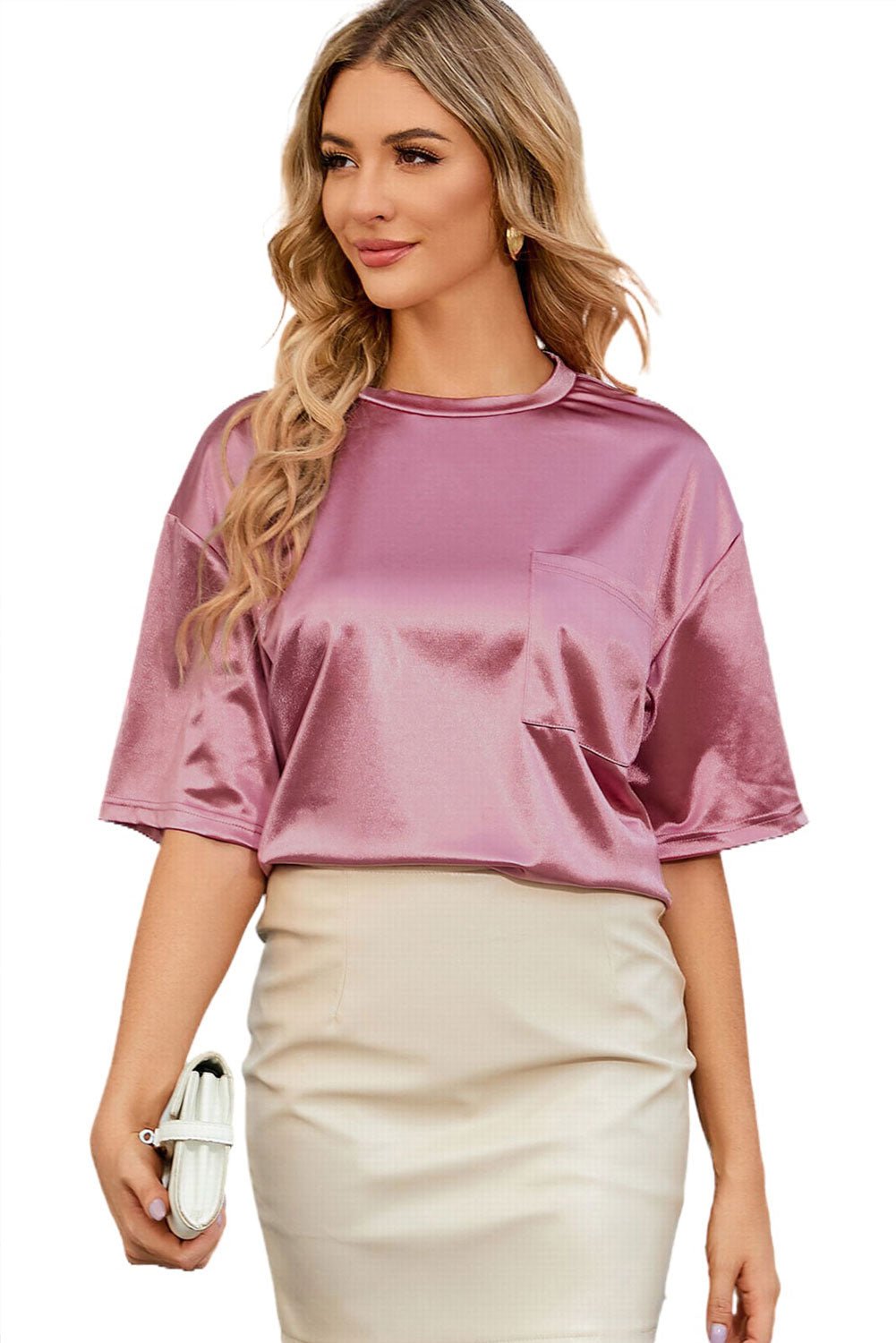 Apricot Chest Pocket Loose Women T Shirt | Fashionsarah.com