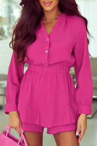 Rose Textured Tiered Ruffled Buttoned Long Sleeve Romper | Fashionsarah.com