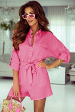 Load image into Gallery viewer, Rose Roll Tab Sleeve Button Shirt Style Belted Romper | Fashionsarah.com