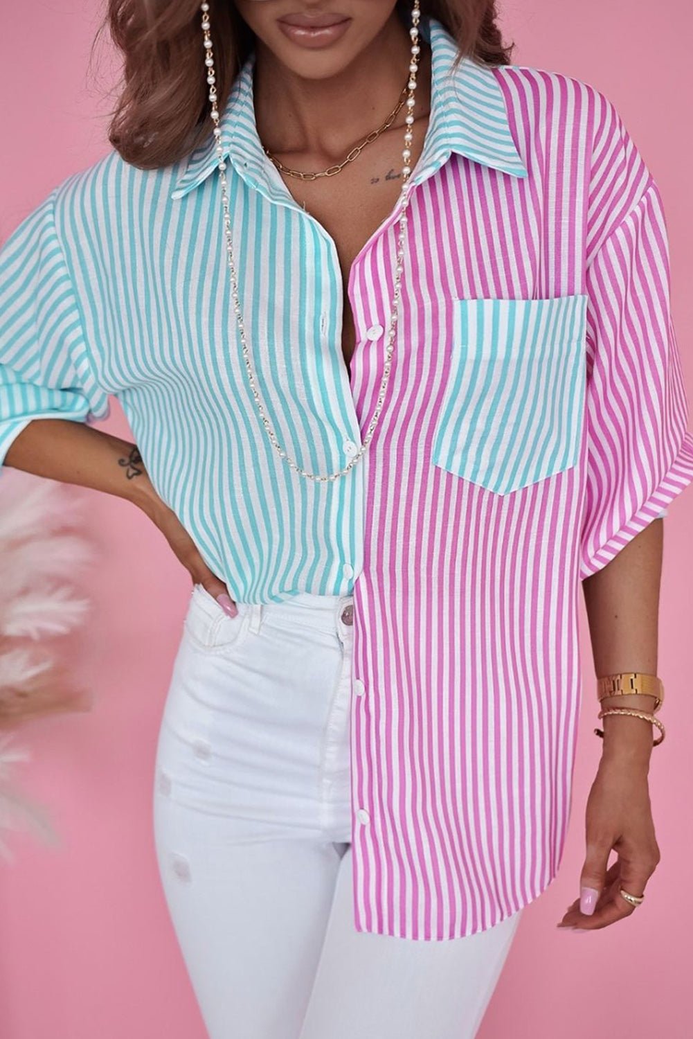 Green Contrast Striped Print Shirt | Fashionsarah.com
