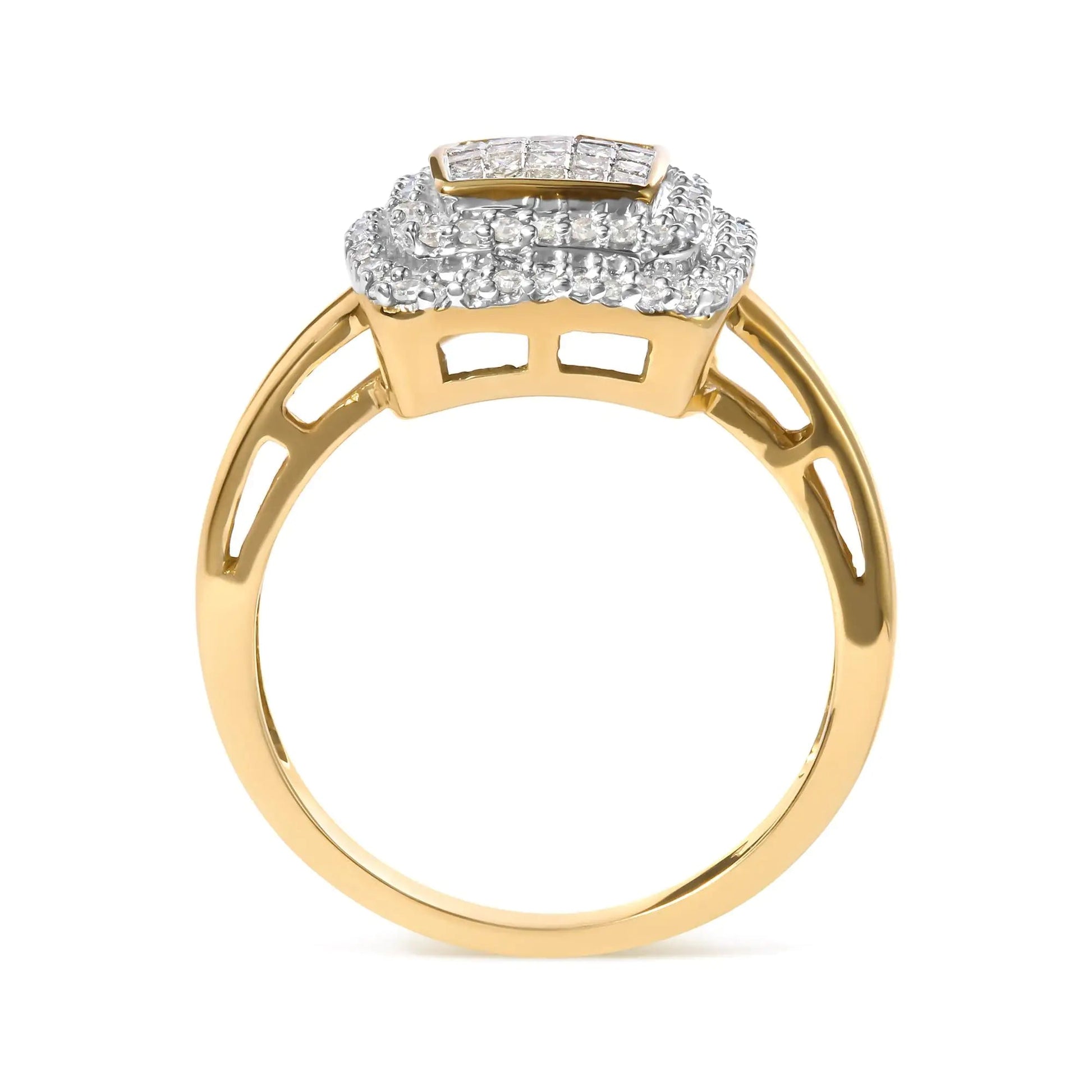 10K Yellow Gold 1/2 cttw Round and Princess Diamond Composite Head and Halo Ring (H-I Color, SI1-SI2 Clarity) | Fashionsarah.com