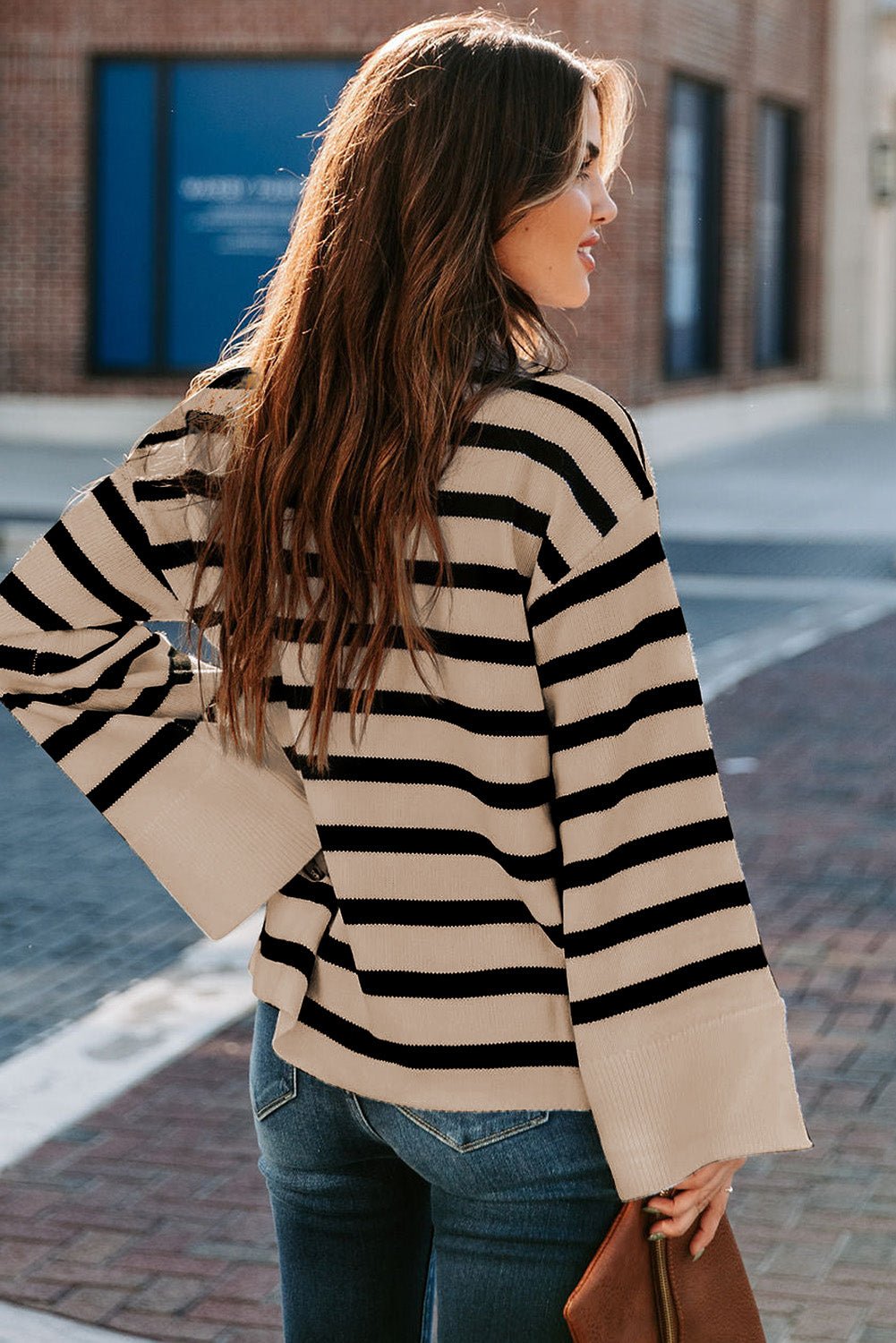 Fashionsarah.com Khaki Striped Mock Neck Bell Sleeve Knit Sweater