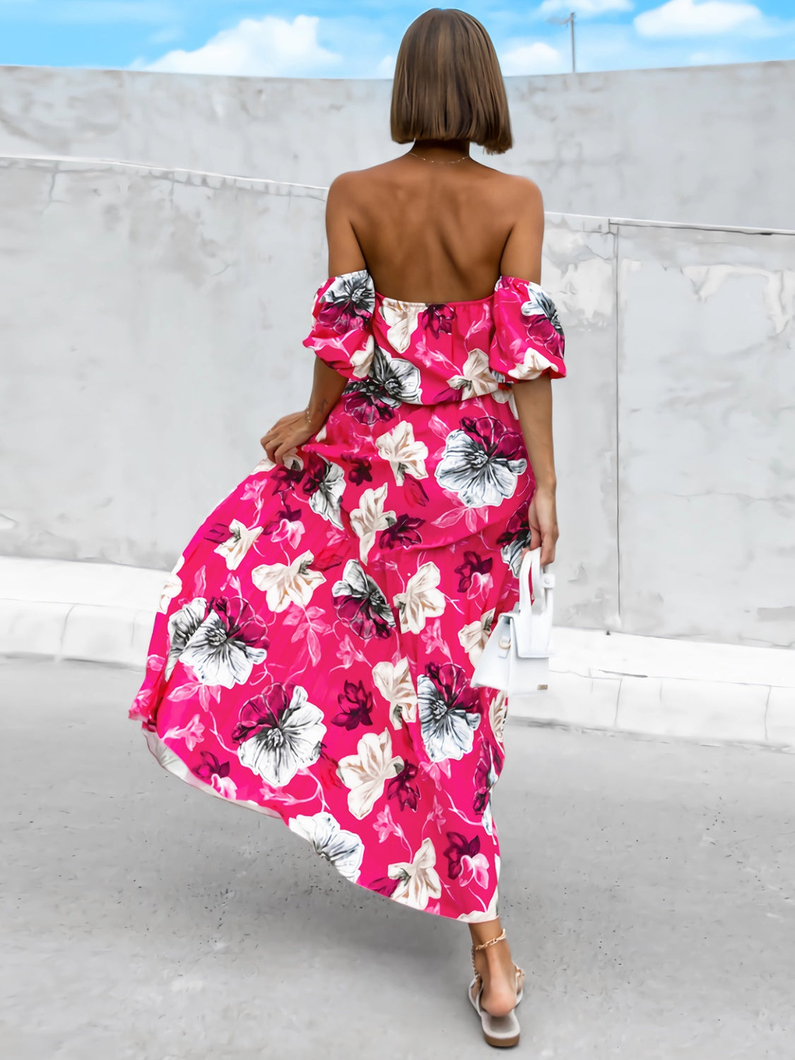 Fashionsarah.com Fashionsarah.com Pleated Floral Off-Shoulder Short Sleeve Midi Dress