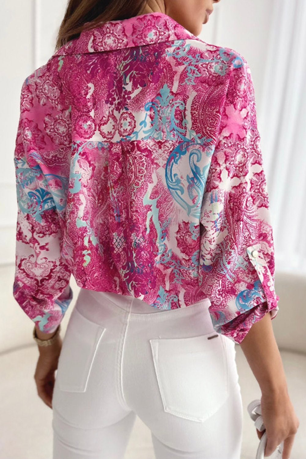 Women Rose Floral Roll-tab Sleeve Shirt | Fashionsarah.com