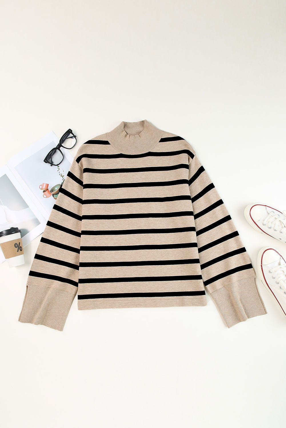 Fashionsarah.com Khaki Striped Mock Neck Bell Sleeve Knit Sweater